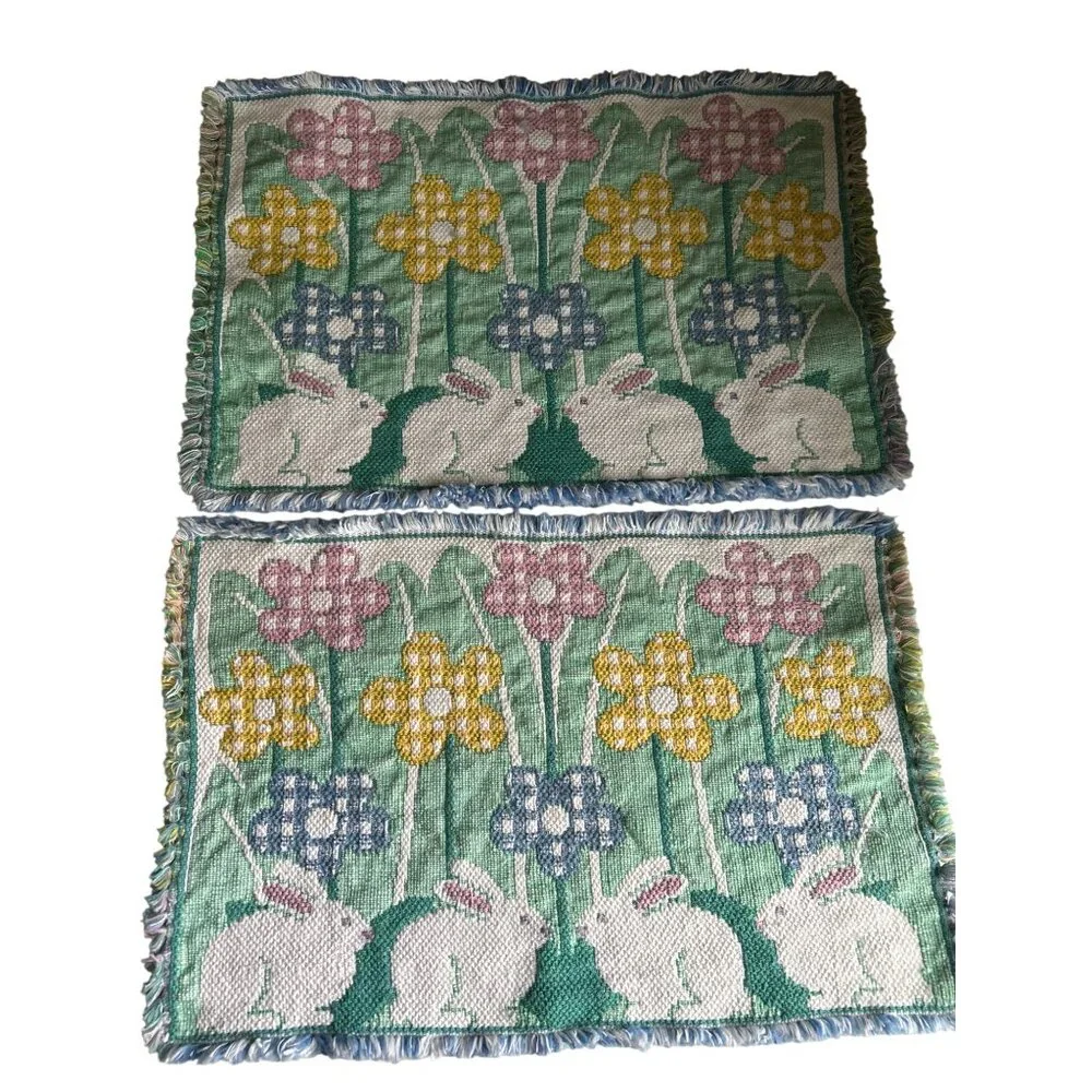 Park B Smith 6 Multicolored Woven Bunny & Flower Pattern Cotton Placemats Easter